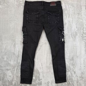 Serenade Mens Cargo Jeans Washed Black Slim Fit Bungee Cord Size 38